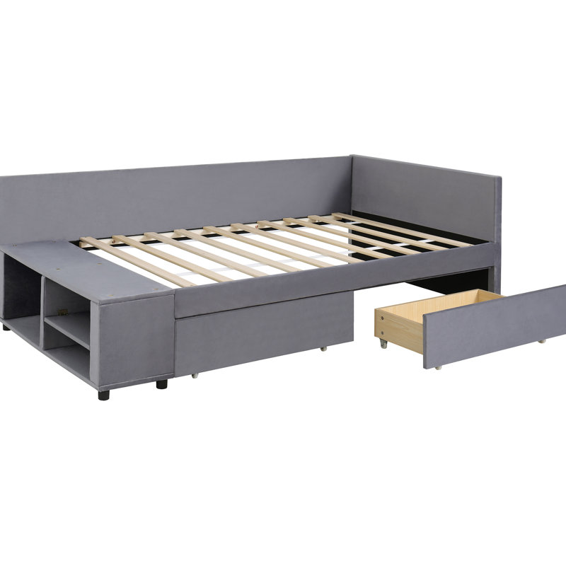Grey Twin Size Storage Platform Bed With Upholstered Headboard. Velvet Fabric, . Large Drawers For Bedding Storage. Side Personal Items. Design