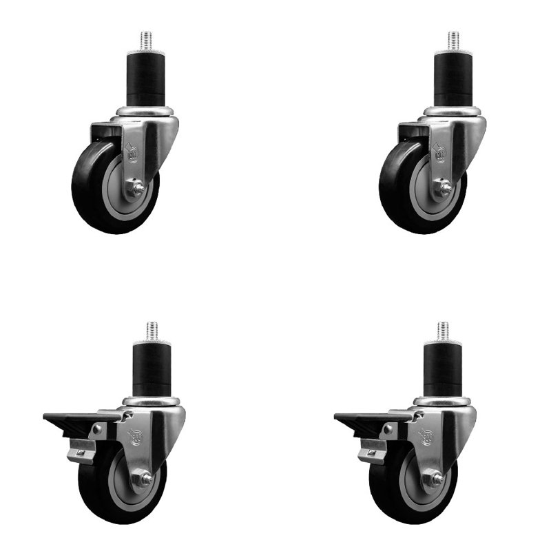 Poly Wheel Swivel Expanding Stem Caster Set 2 Brakes SCC PLB 3.5" x 1-3/4", Black