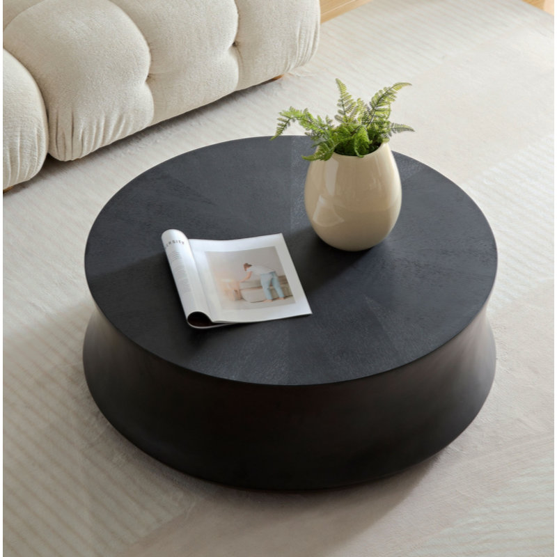 Table basse ronde de 35,43 po en fibre de verre ronde pour salon, table vintage, devant mat du canapé, table basse tambour moderne fabriquée à la main pour bureau, appartement, sans assemblage