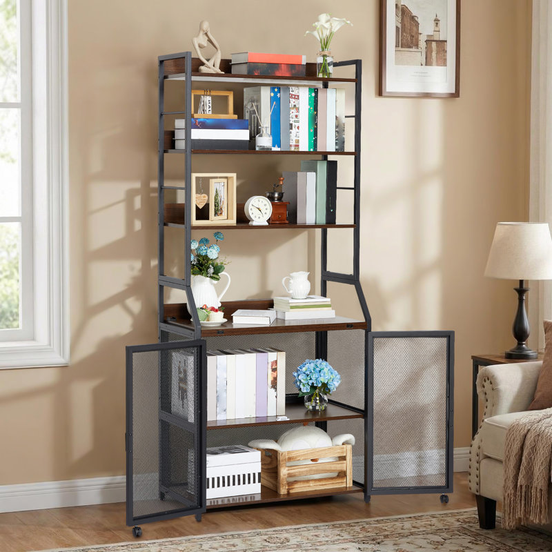 70 inch Brown 2 in 1 Home Office Desk Bookshelf Sturdy Metal Frame & Particle Board for Small Spaces, Brown