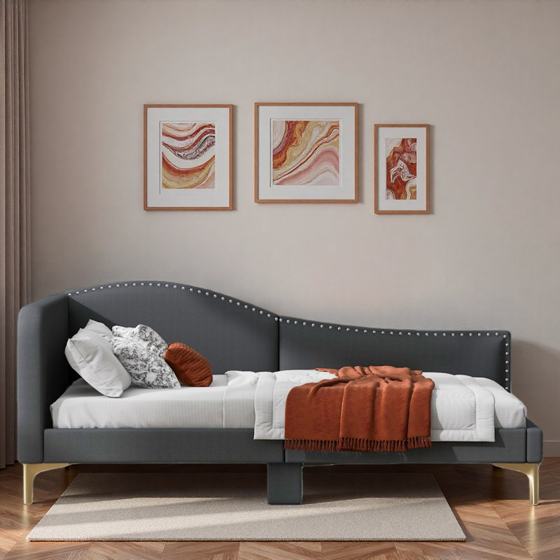 Upholstered Daybed With Headboard And Armrest, Gray, Twin