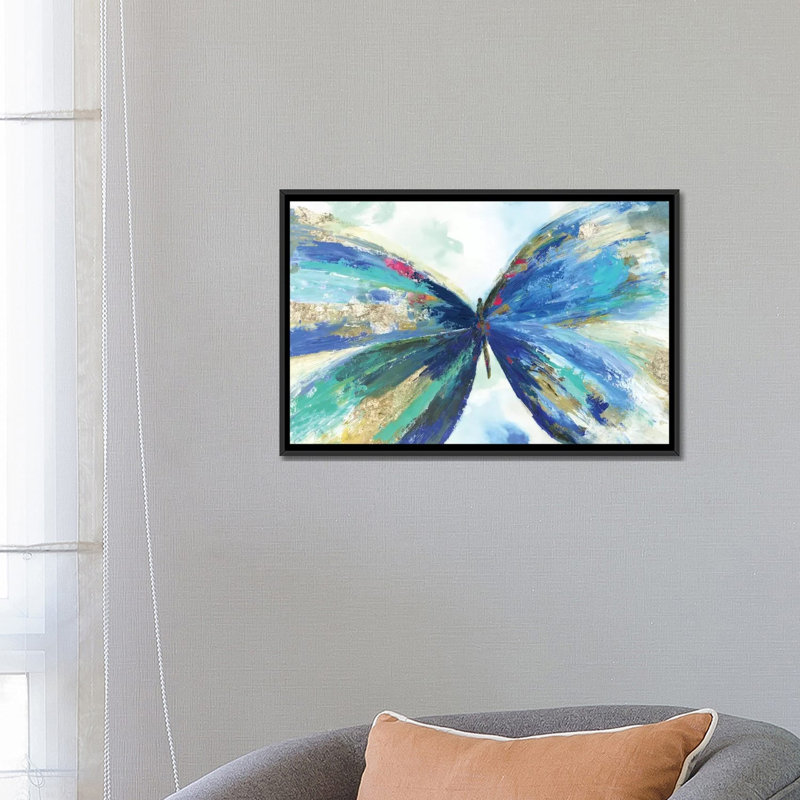 " Blue Butterfly " by Allison Pearce, 18" H x 26" W x 1.5" D, Black Framed Canvas, No Mat
