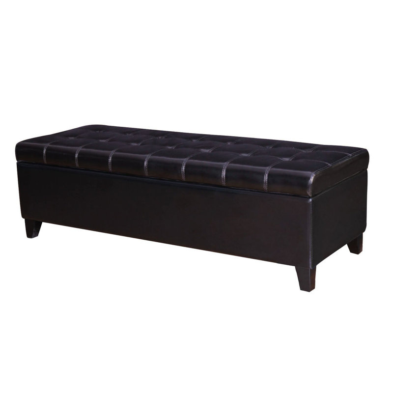 Black Tufted Faux Leather Storage Ottoman Bench