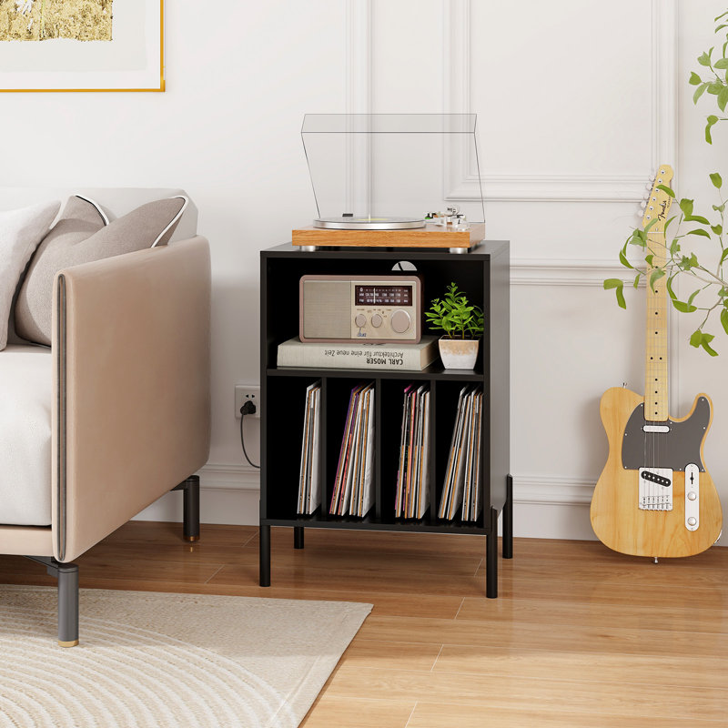 Record Player Stand w/Charging Station 5 Storage Compartments Anti-toppling Kits, Black