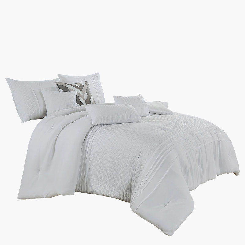 Ensemble d'édredon brodé blanc texturé 7 pièces avec taies décoratives et coussins décoratifs, microfibre de polyester