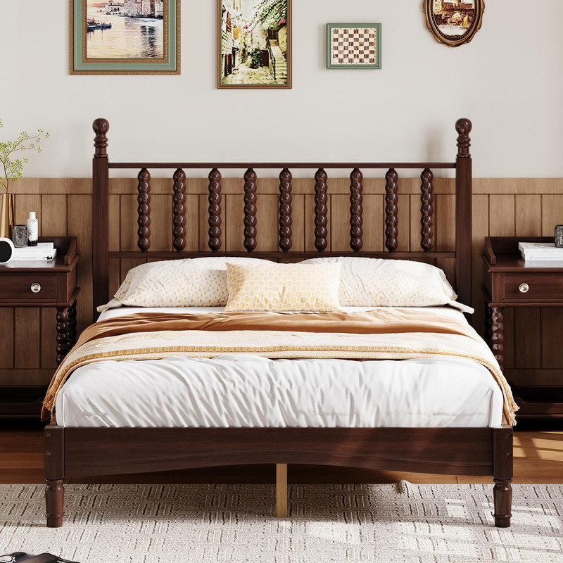 Lit plateforme en bois de style rétro avec tête de lit en forme de gourde, Double XL