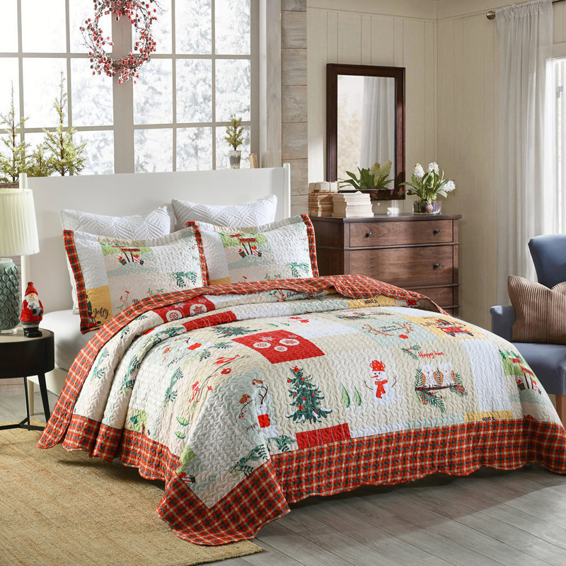 Festive Red and White Reversible Queen Quilt Set