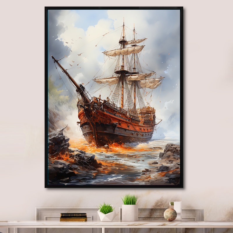 «Pirate Boat Jolly Roger I», reproduction sur toile flottante, H 44 po x l 34 po x P 1,5 po, Cadre photo argenté