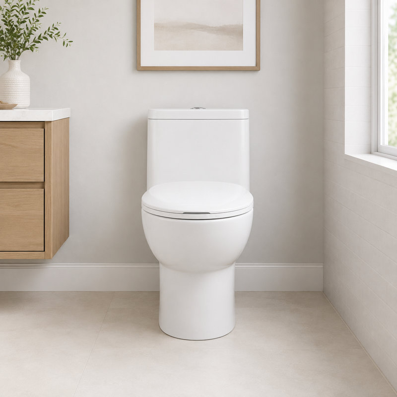Toilette une pièce blanche brillante avec cuve sans rebord, chasse d'eau siphonique et installation brute de 12 pouces