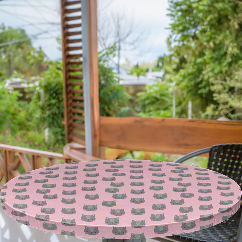 Ebern Designs Cat Fitted Round Tablecloth Diameter Grey Pink Pale Pink