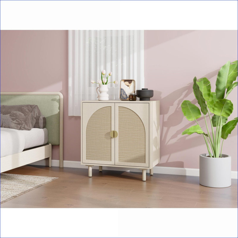 Armoires | Armoire de rangement en rotin d'ingénierie à 2 portes, tablettes réglables, utilisation dans plusieurs pièces | Beige | Traditionnel