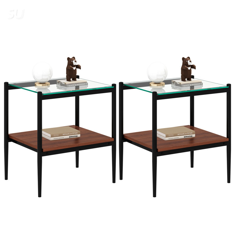 Ensemble de 2 tables de bout rectangulaires modernes avec verre trempé et panneau de fibres à densité moyenne, pour la décoration et le rangement du salon