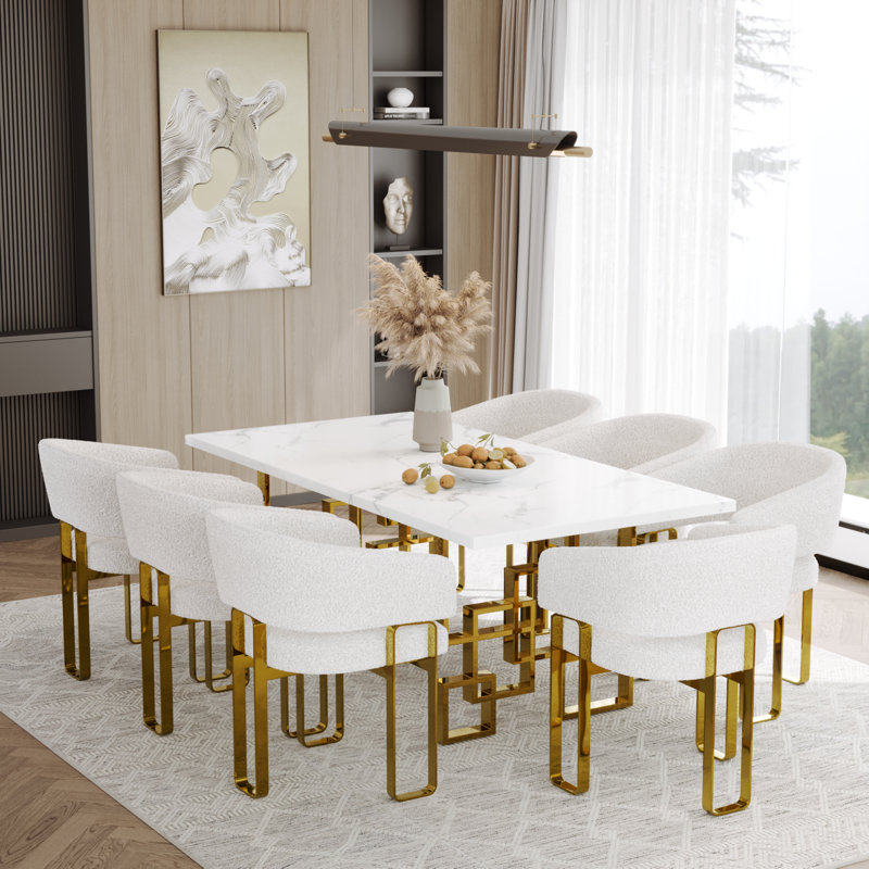 Ensemble de 5 chaises de salle à manger Glam and Luxurious White Boucle rembourrées avec pieds en or poli et accoudoirs, Doré