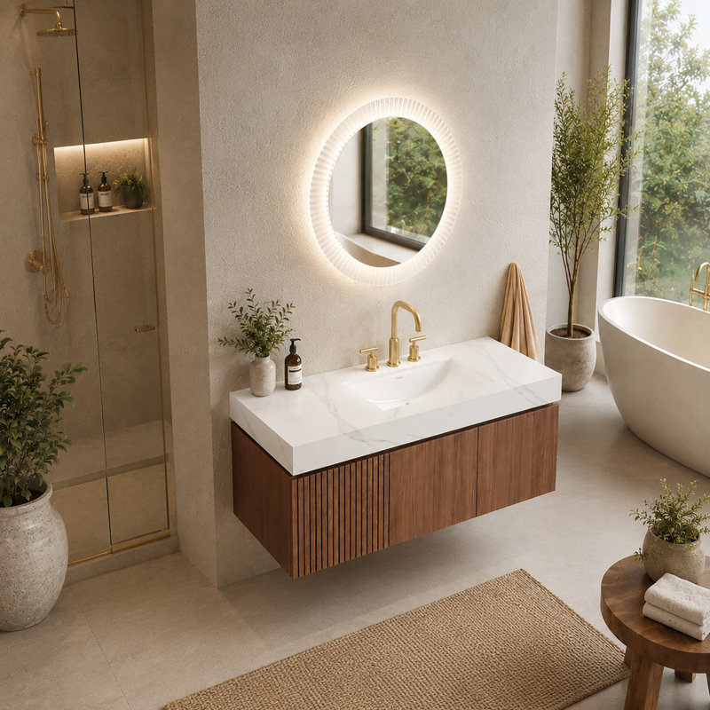 Ensemble de meuble-lavabo flottant moderne avec lavabo 48 po Alba, Chêne brun, Blanc de Carrare