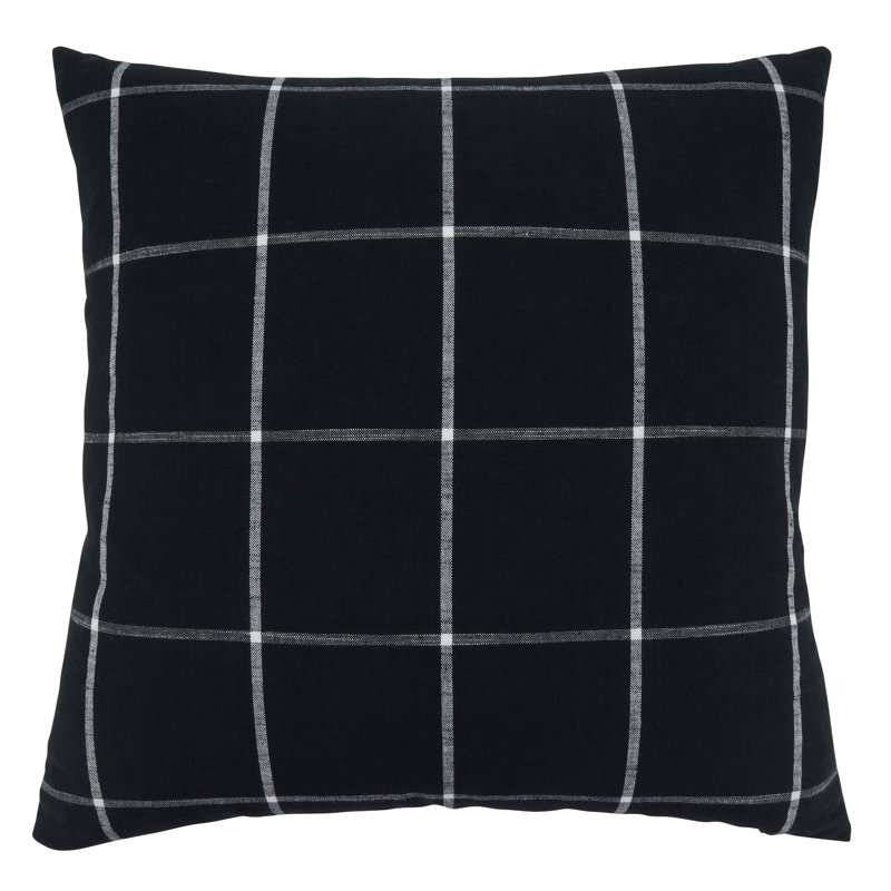 Hester Collection Plaid Cotton Reversible Throw Pillow, Feathers, Black