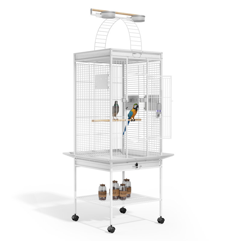 White Wrought Iron Large Bird Aviary with Play Top and Stands