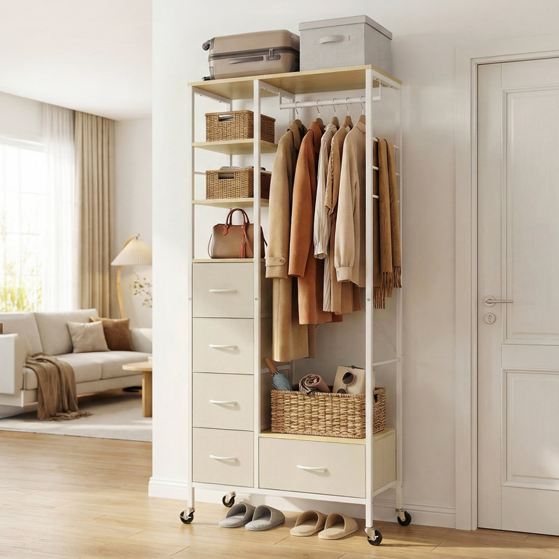 CD007 80cm Rolling Portable Wardrobe, Beige