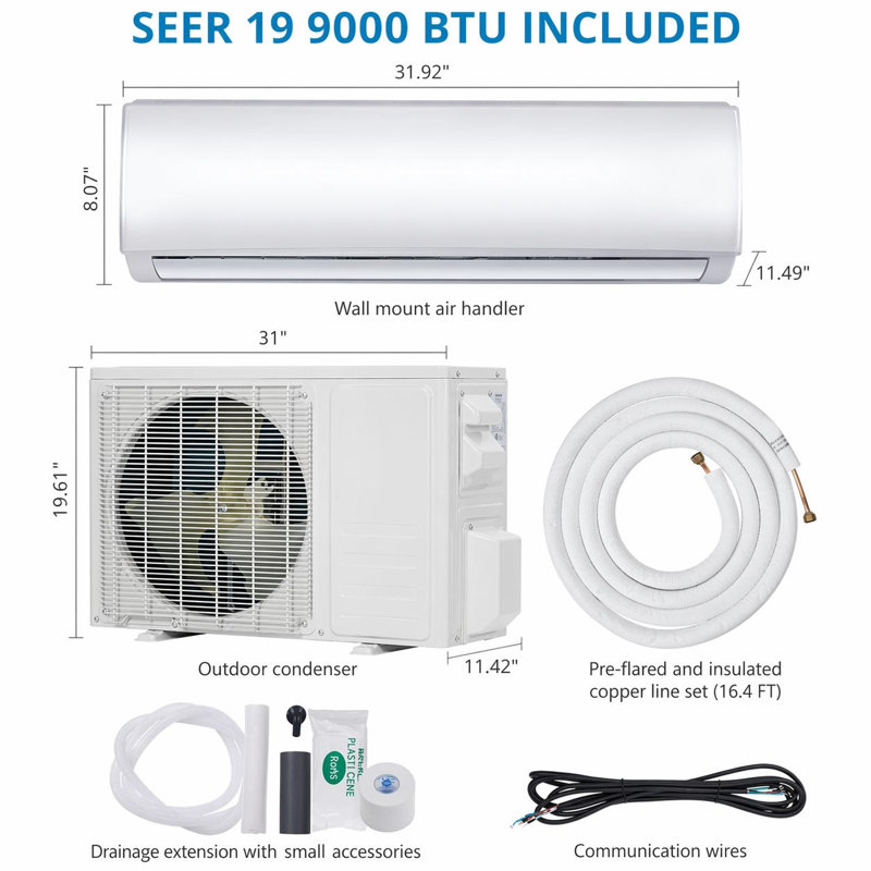 19 SEER2 9000 BTU Mini pompe à chaleur et climatisation divisée, refroidit / chauffe jusqu'à 450 pieds carrés, 115v, 9000