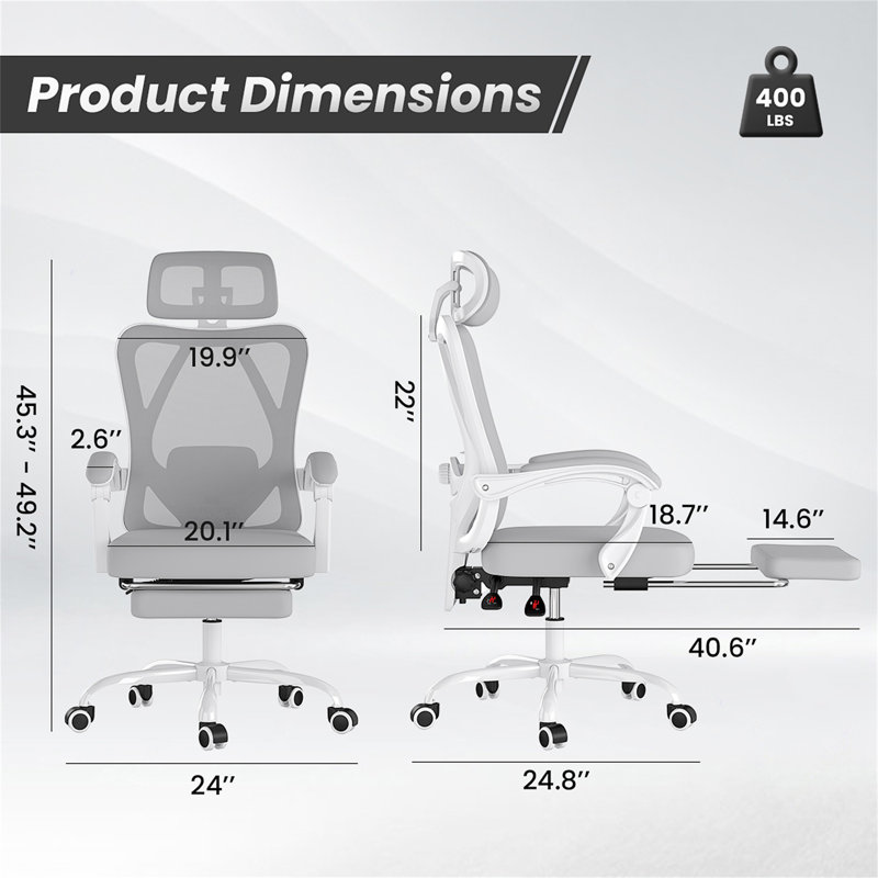 Chaise de bureau ergonomique avec repose-pieds, Gris, Blanc