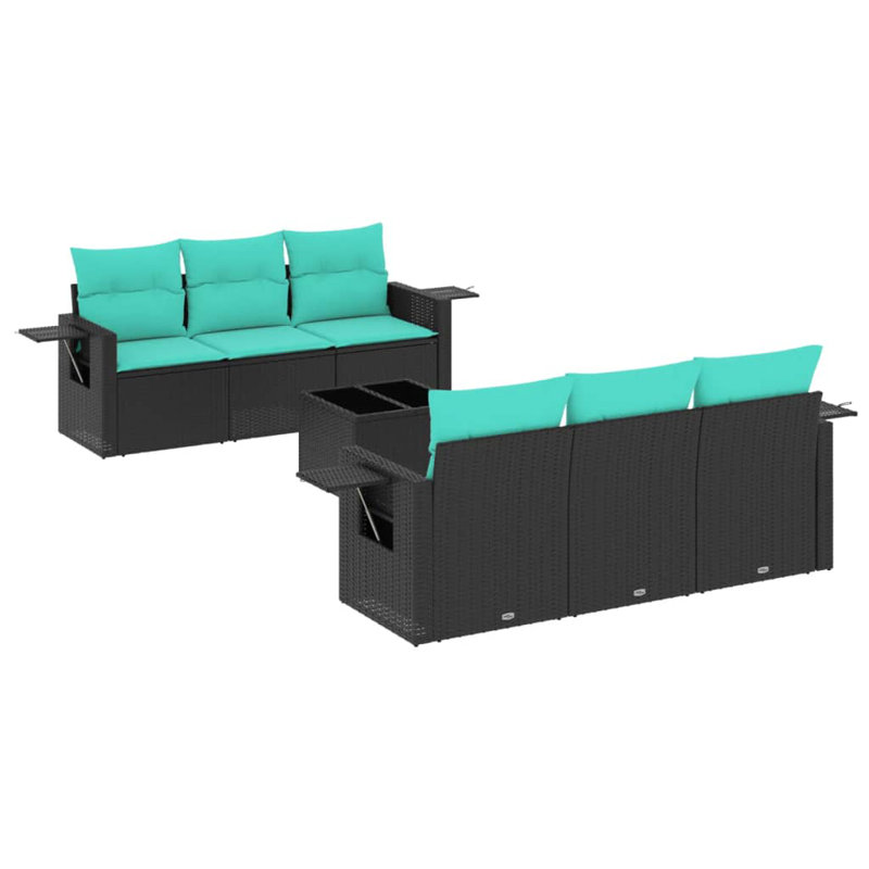 Ensemble de canapé de patio 7 pièces avec coussins en rotin de polyester, Bleu clair, Noir