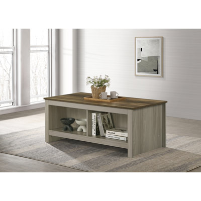 Table basse en chêne gris de 43 po de largeur avec tablettes ouvertes (avant et arrière) | Idée cadeau