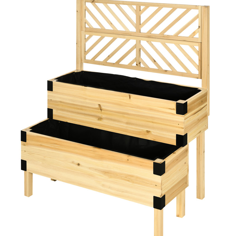 2 Tier Wooden Elevated Planter Box, Raised Garden Bed With Trellis For Veggies, 55" H X 25.5" W, Natural Trellis, D 42.5" Wood