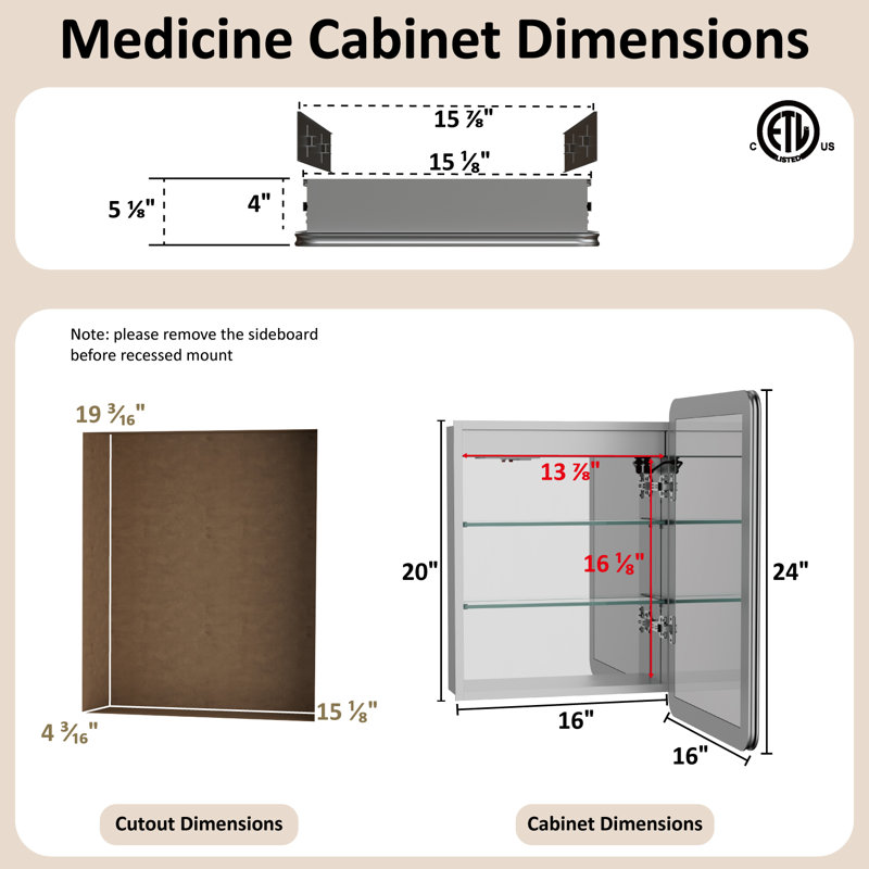 Pharmacie à DEL Horatius l 16 po x H 24 po avec miroir, homologué ETL, lumières à intensité variable, désembueur antibuée, tablettes réglables, très grand rangement, bord arrondi, encastré ou en surface, conception sans cadre