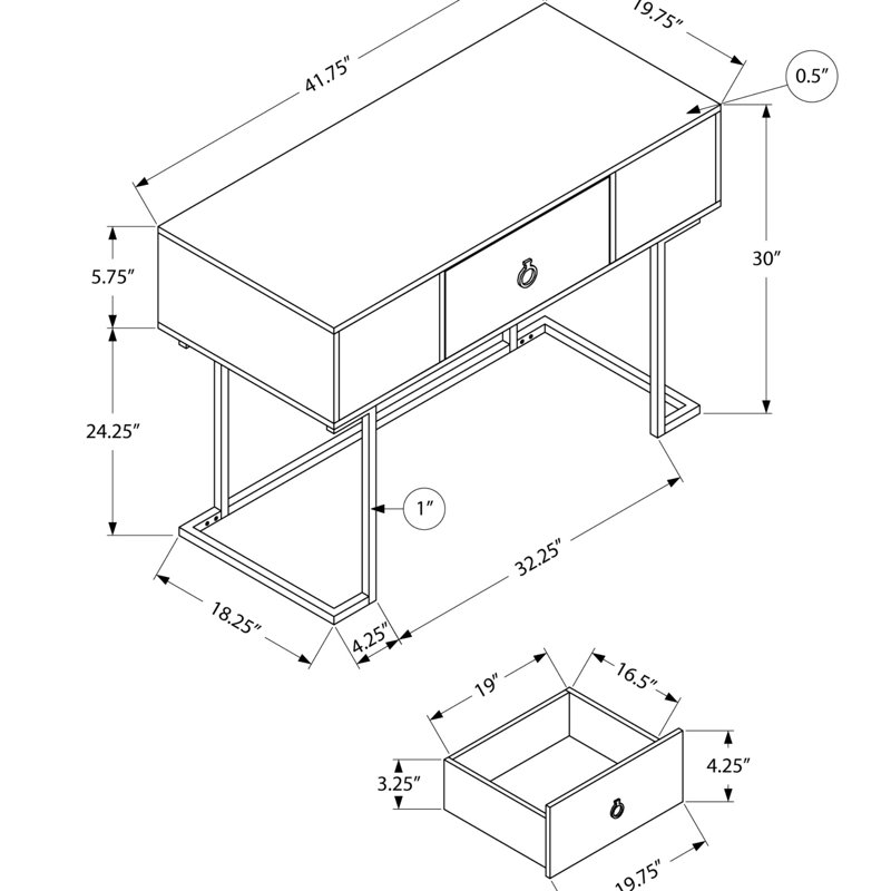 Bureau d'ordinateur, bureau personnel, ordinateur portable, tiroirs de rangement, L 42 po, travail, stratifié, métal noir, contemporain, moderne
