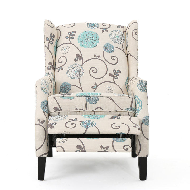 White+multi (floral) Pushback Recliner - Fabric Wingback With Nailhead Trim & Birch Wood Legs, White
