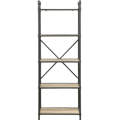Antique Oak & Sandy Grey 5-shelf Industrial Bookcase - Strong Metal Construction For Superior Display And Organization Great Books, Plants, Decor In Living Spaces, Offices, Bedrooms Vintage-style 5