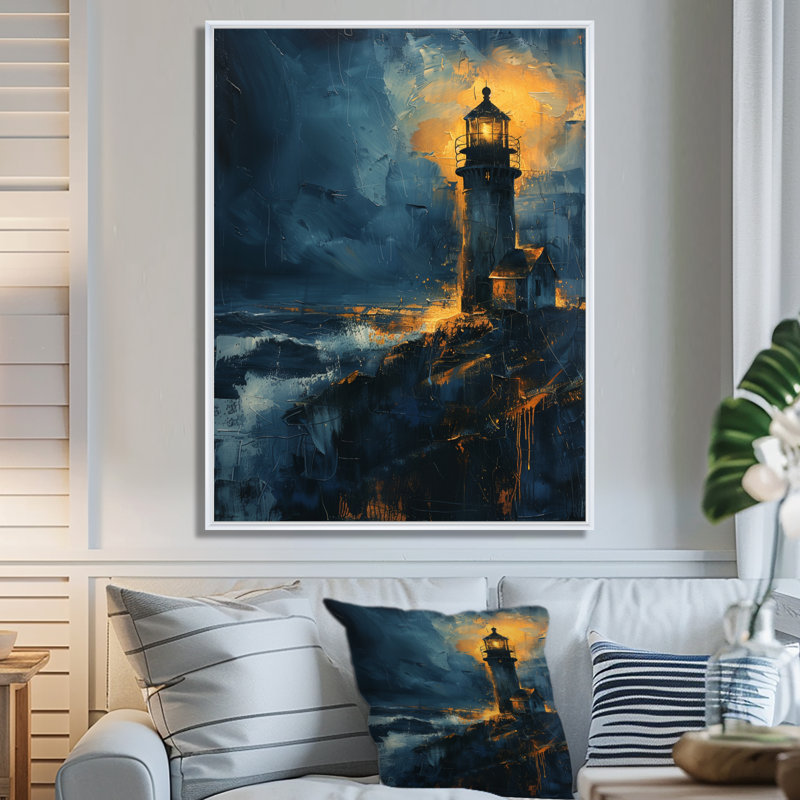 Décoration murale phare noir et bleu clair d'hiver, H 24 po x l 32 po, Cadre flottant blanc