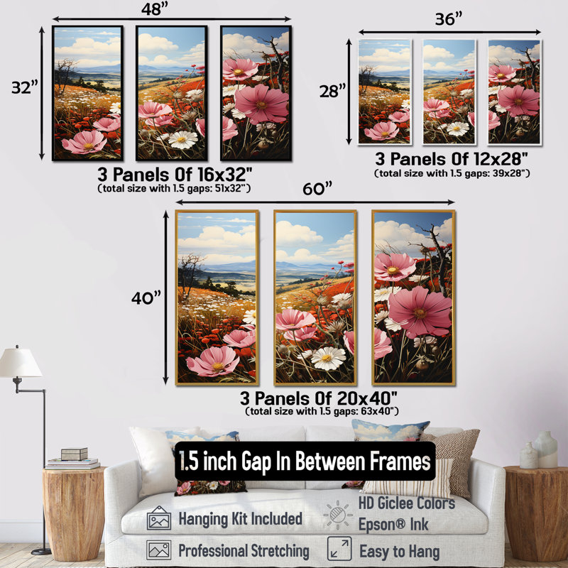 «Pink Crimson Flower Meadow Field X», ensemble d'art mural sur toile fleur, Cadre flottant noir, H 40 po x l 60 po x P 1 po