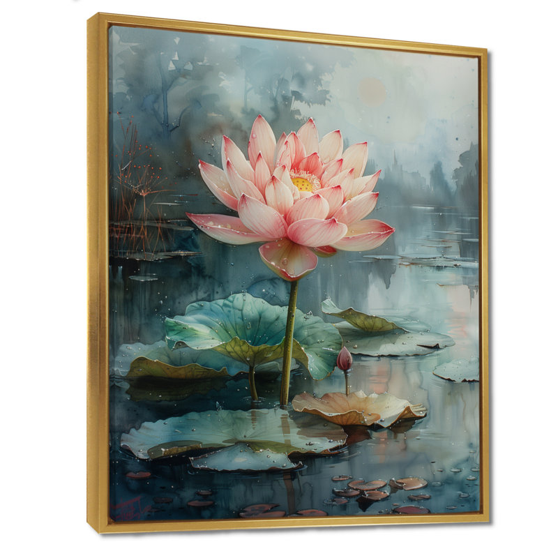 Rose, rose, vert, sacré, fleur, salon, lotus, Cadre flottant doré, H 12 po x l 20 po