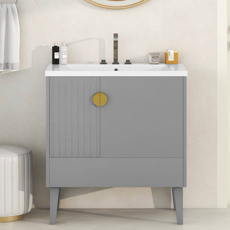 Ensemble de meuble-lavabo sur pied simple 30 po avec plateau en céramique Issachar, Gris / argent, Ensemble central de 4 po