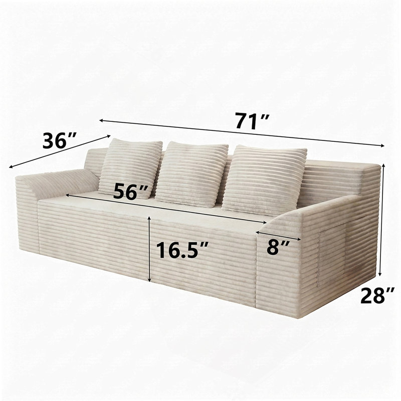 Canapé de 71 pouces en velours côtelé avec siège profond, coussins à double couche en forme de nuage et dossier haut ergonomique pour un confort multi-scène.