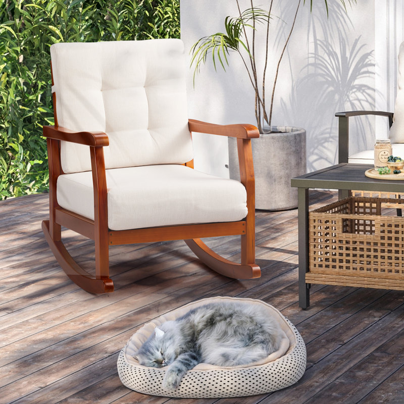 Chaise berçante en bois de sapin coloré carbonisé avec coussin beige amovible, Brun
