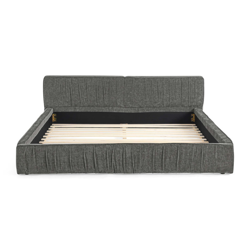 Structure de lit tapissier en tissu chenille avec motif plissé, lit plateforme avec tête de lit et structure solide