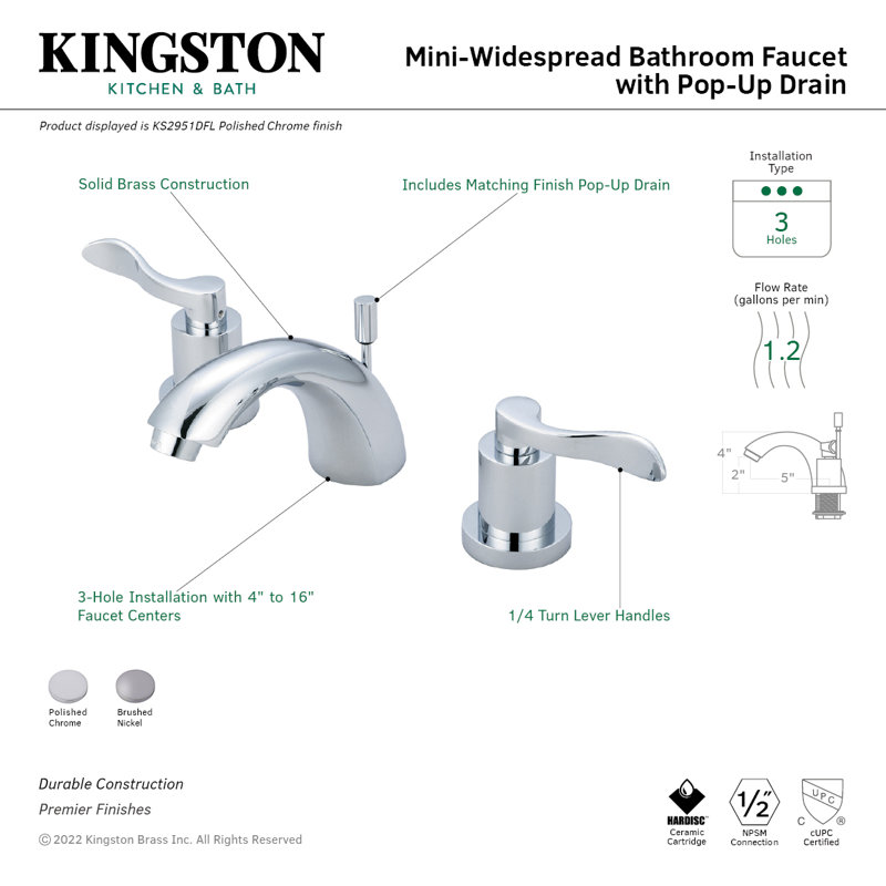 Kingston Brass Two-Handle 3-Hole Deck Mount Mini-Widespread Bathroom Faucet with Brass Pop-Up, Brushed Nickel