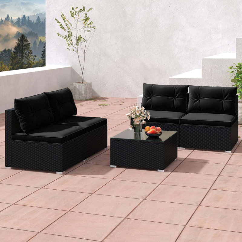 5 Piece Outdoor Furniture Set With Seat & Back Cushions Tempered Glass Tabletop, Black