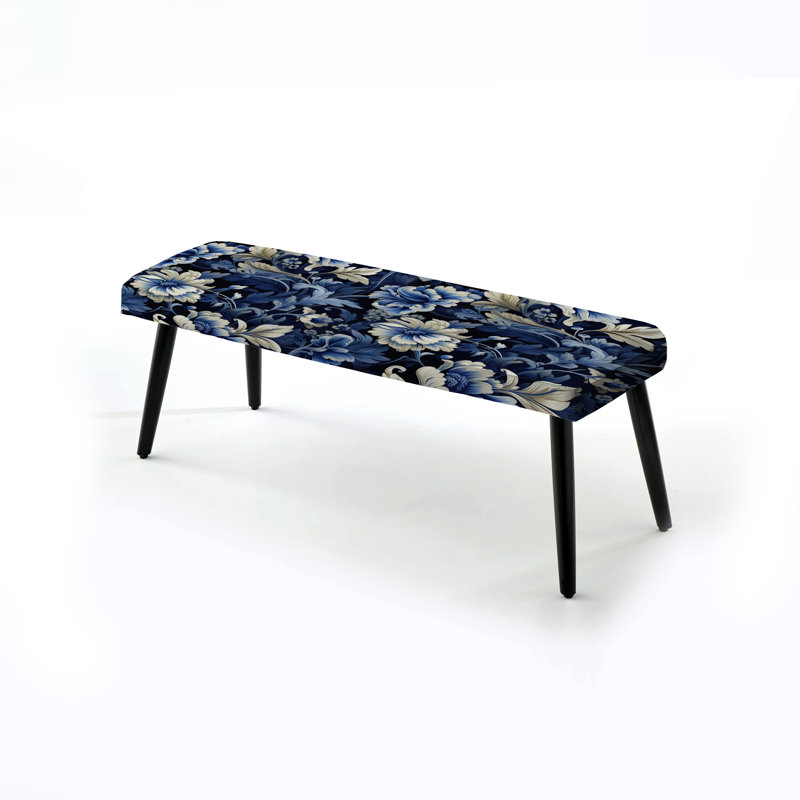 Cobalt Blue Ornate Corners Victorian Pattern - Floral Upholstered Black Bench