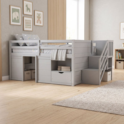 Full Size Wood Low Loft Bed with Built-in-Stairs and Storage Drawer