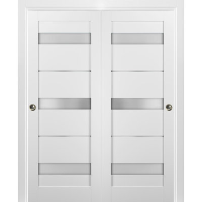 Quadro Frosted Glass Sliding Closet White Doors with Installation Hardware Kit