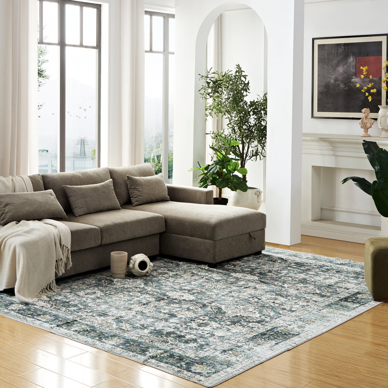 Tapis oriental rectangulaire en polyester lavable à la machine en vert / brun Southstoke, Rectangle 5 pi 3 po x 7 pi 3 po