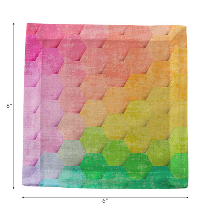 Hex Cotton Sateen Cocktail Napkins, Pink Yellow Green