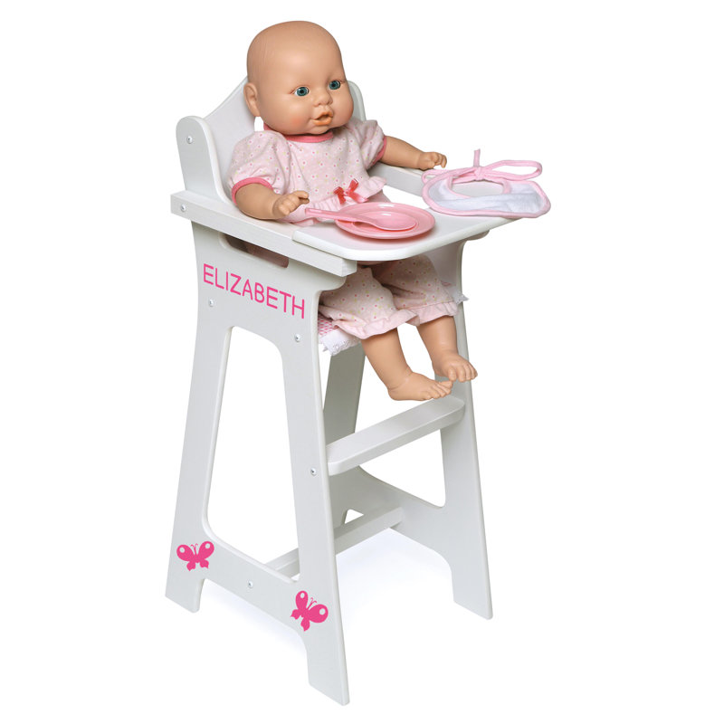 White and Pink Gingham Doll High Chair with Accessories