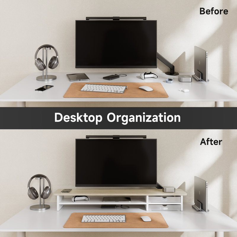 Large Monitor Stand Riser with Acrylic Drawer, Beige