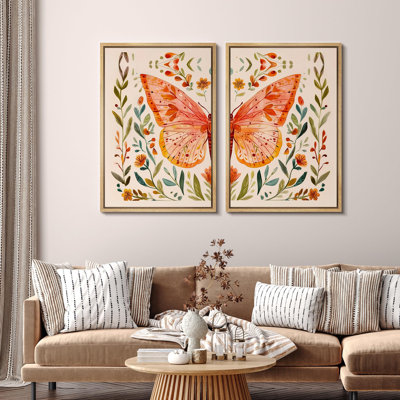 «Whimsical Butterfly And Florals Colorful Nature», 2 pièces sur toile