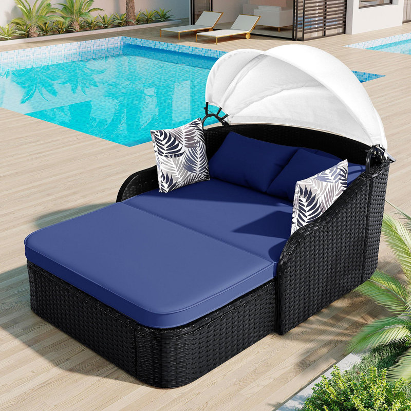 Lit de bronzage d'extérieur 79,9 "avec auvent réglable, double méridienne, lit de repos en rotin PE, osier noir et coussin bleu