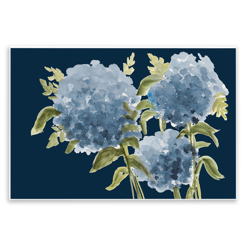 Plaque murale hortensias bleus sur indigo, design par Janice Gaynor, H 10 po x l 15 po