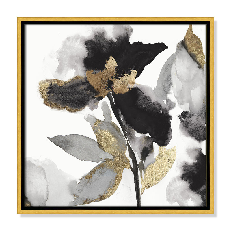 «Black Petals Black Gold Leaves II» par Asia Jensen, Or, H 17,5 po x l 17,5 po
